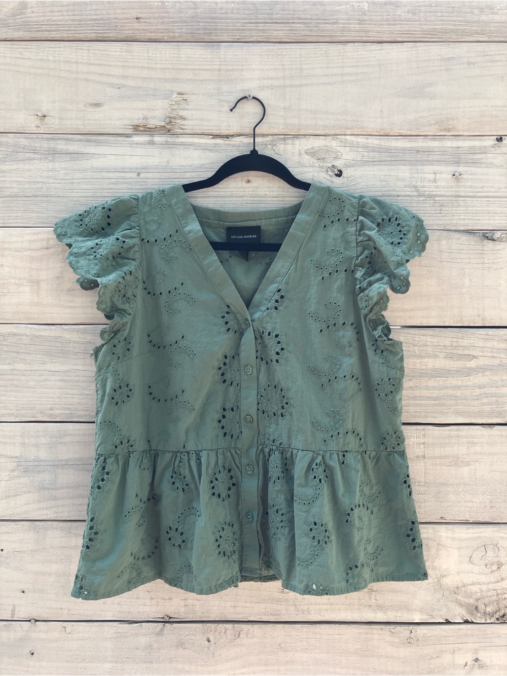 Luv Lis Angeles Eyelet Button-Front Peplum Blouse in Sage